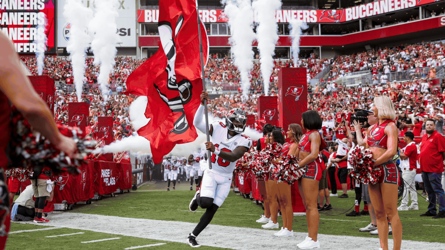 Tampa Bay Buccaneers home opener player entrance with pyrotechnics